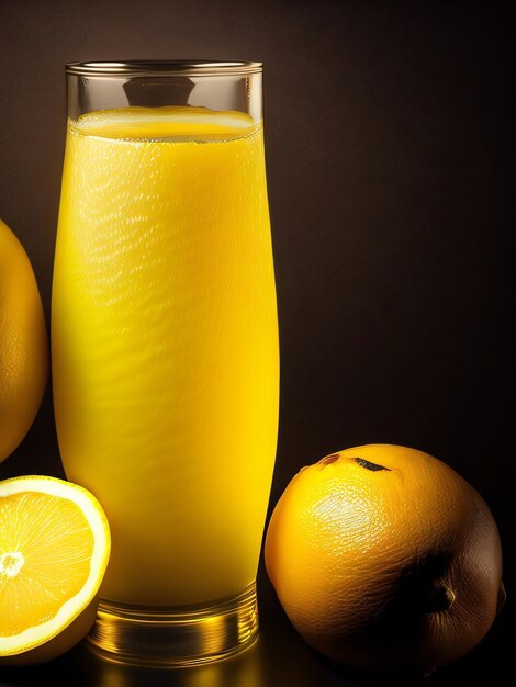 Ein Glas Orangensaft neben einer ganzen Orange