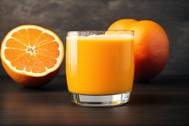 Ein Glas Orangensaft neben einer halben Orange.