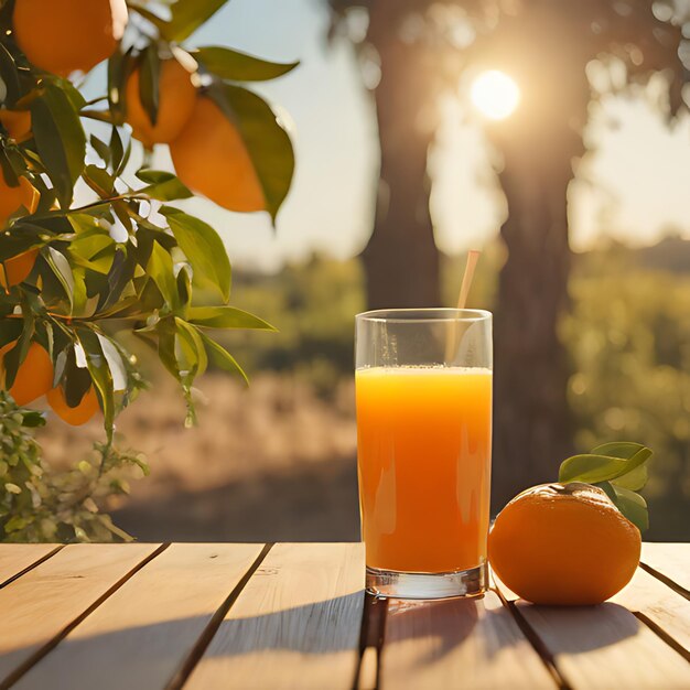 Foto ein glas orangensaft neben einer orange auf einem tisch