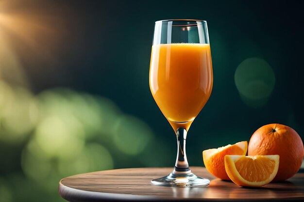 Ein Glas Orangensaft neben einer Orangenscheibe.