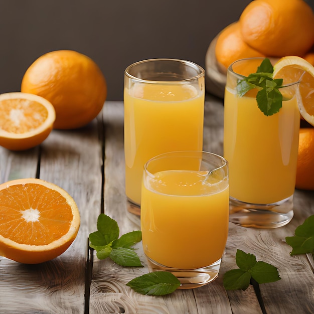 Foto ein glas orangensaft sitzt auf einem holztisch mit orangen und einem bündel blätter