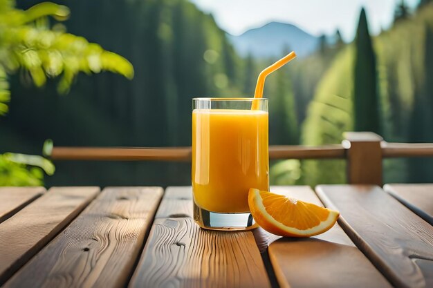 ein Glas Orangensaft sitzt auf einem Holztisch.