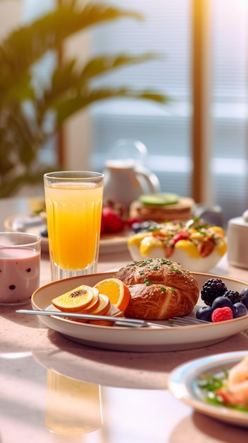 ein Glas Orangensaft sitzt auf einem Tisch mit einem Teller mit Essen und einer Tasse Orangensaft.