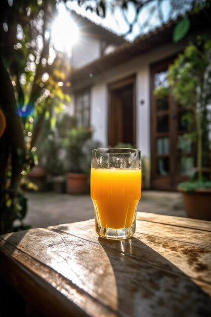 Ein Glas Orangensaft steht auf einem Holztisch vor einem Haus