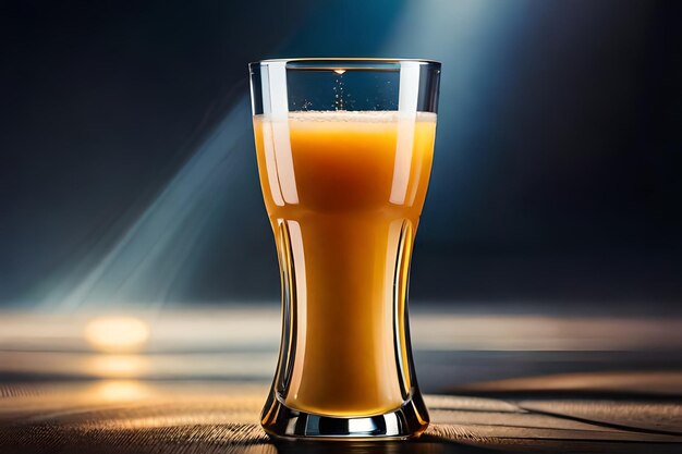 Ein Glas Orangensaft steht auf einem Holztisch.