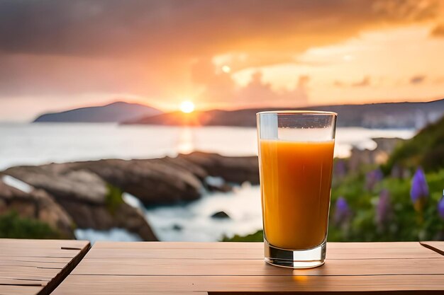 Ein Glas Orangensaft steht auf einem Tisch mit Blick auf den Strand und die Sonne geht unter.