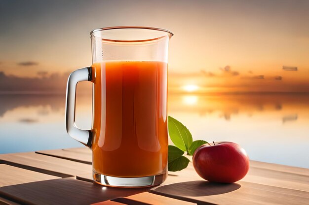 Ein Glas Orangensaft steht auf einem Tisch mit einem Sonnenuntergang im Hintergrund.