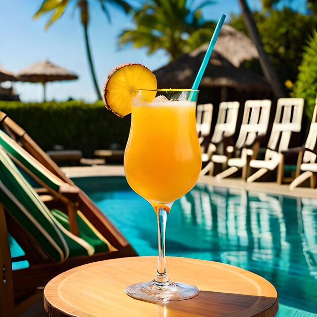 Ein Glas Orangensaft steht auf einem Tisch neben einem Pool.