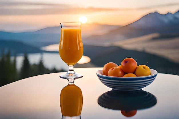 ein Glas Orangensaft steht neben einer Schüssel mit Obst.