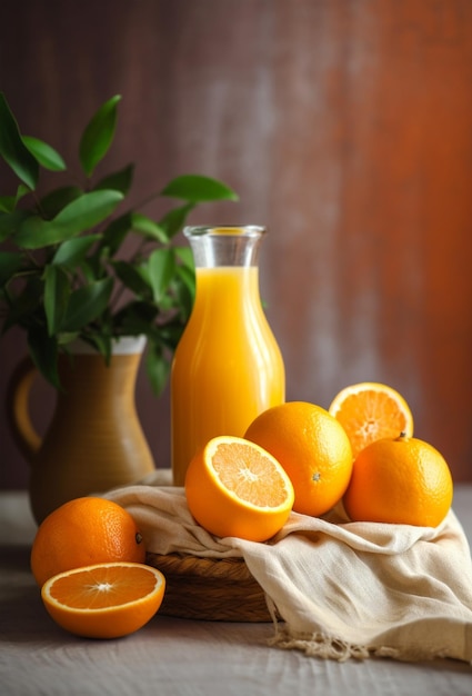 Ein Glas Orangensaft und Orangen auf hellem Steinhintergrund. Frische sommerliche Orangenlimonade