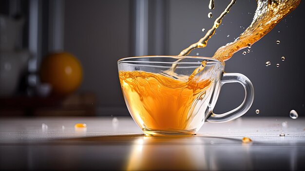 Ein Glas Orangensaft wird hineingegossen.