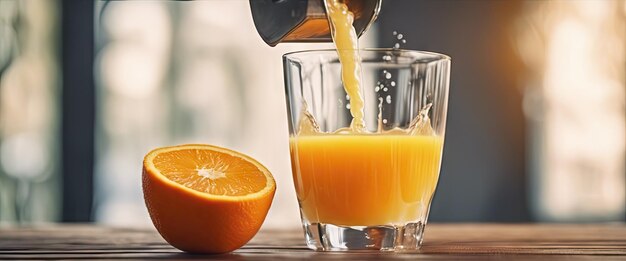 Ein Glas Orangensaft wird in ein Glas gegossen