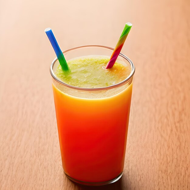 Ein Glas Orangensaftcocktail mit blauen und grünen Streifen und Strohhalmen