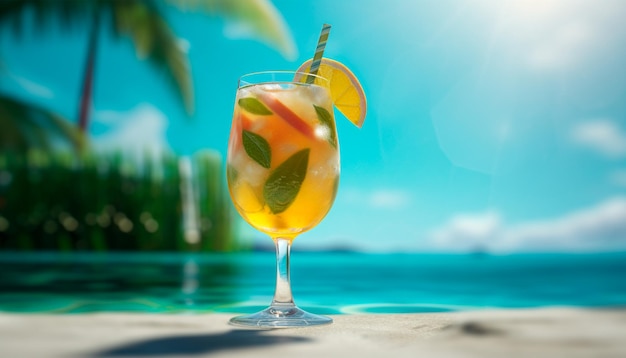 Ein Glas Orangensangria am Strand mit einem Strohhalm