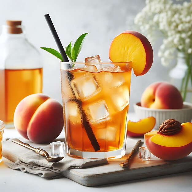 Ein Glas Pfirsich-Eistee auf einem Obst-Hintergrund