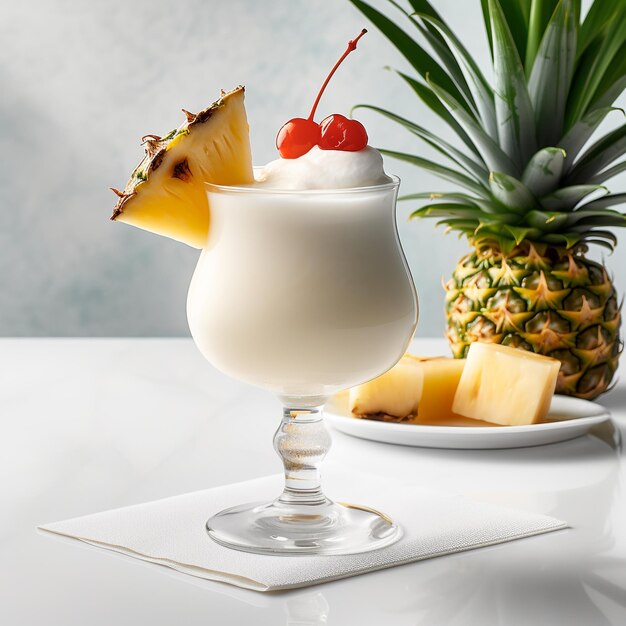 Ein Glas Pina Colada und Ananas auf weißem Hintergrund