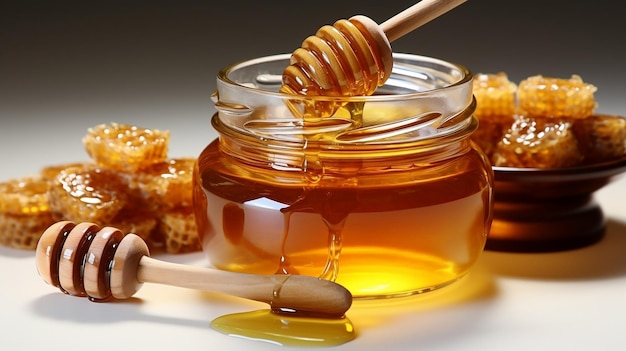Ein Glas reiner Honig mit einem auf weißem Hintergrund isolierten Honigbecher