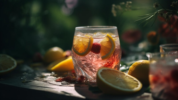 Ein Glas rosa Limonade mit einer Zitronenscheibe am Rand