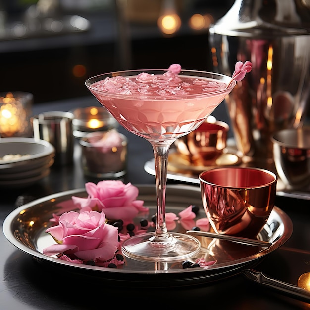 ein Glas rosa Martini. Wunderschönes Dekor im Stil von Barbie. Süßes alkoholisches Dessert dekoriert