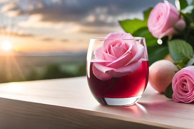 Foto ein glas roséwein mit einer rosa rose im hintergrund