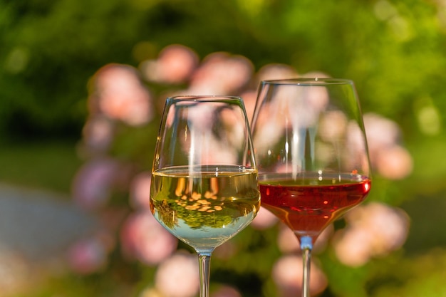 Ein Glas Rot- und Weißwein vor Gartenhintergrund im Freien