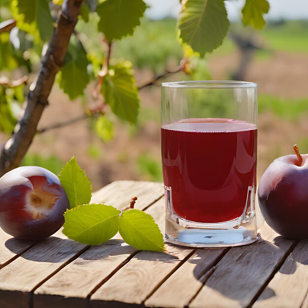 ein Glas rote Flüssigkeit sitzt auf einem Holztisch neben Äpfeln