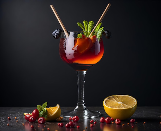 Ein Glas roter Cocktail mit einem Haufen Obst auf einem Tisch.