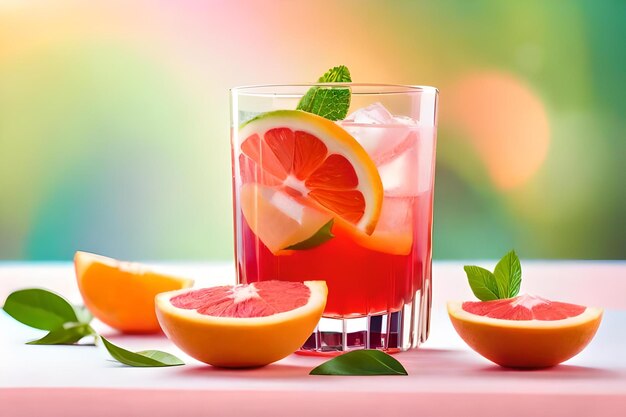 Ein Glas roter Cocktail mit einer Orangenscheibe und Minzblättern.