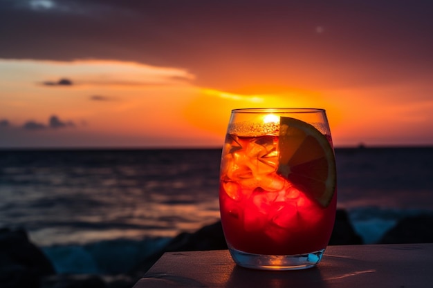 Ein Glas roter Cocktail mit einer Zitronenscheibe am Rand