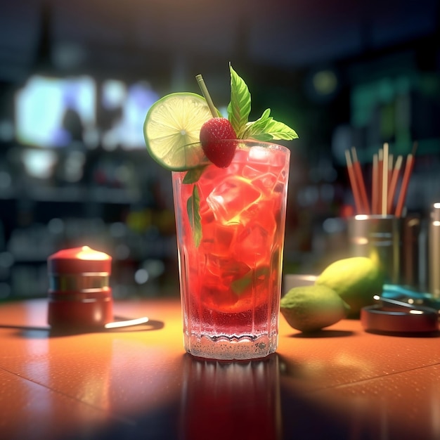 Ein Glas roter Cocktail mit Limette und Minze obendrauf.