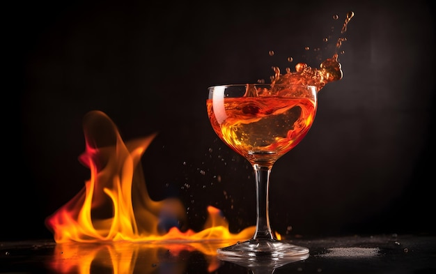 Ein Glas roter Flüssigkeit mit einem Feuer im Hintergrund