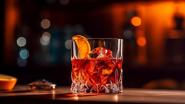 Ein Glas roter Negroni mit einer Orangenscheibe auf Eis