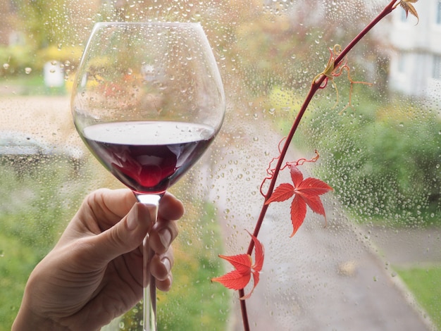 Ein Glas Rotwein am regnerischen Fenster.