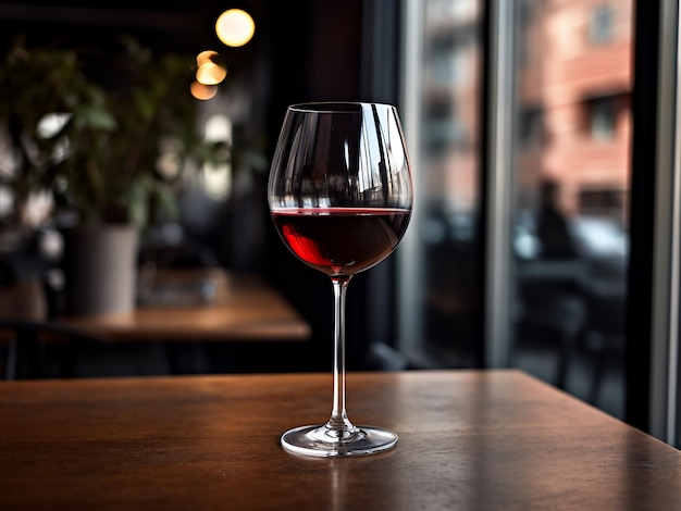 Ein Glas Rotwein auf einem Holztisch KI-Generation
