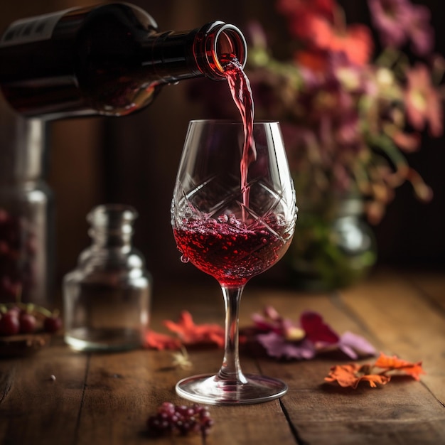 Ein Glas Rotwein in ein schönes italienisches Stielglas gießen