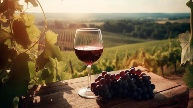 Ein Glas Rotwein steht auf einem Tisch vor einem Weinberg.