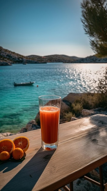 Ein Glas Saft mit Blick auf das Meer im Hintergrund