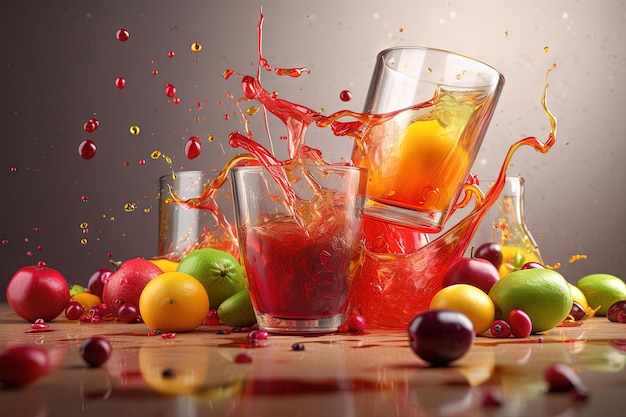 Ein Glas Saft mit Früchten und Beeren auf dem Tisch. Trinken Sie einen Spritzer süßen Bio-Cocktails. Generierte KI