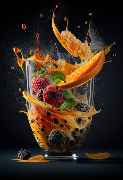 Ein Glas Saft mit Früchten und Blättern