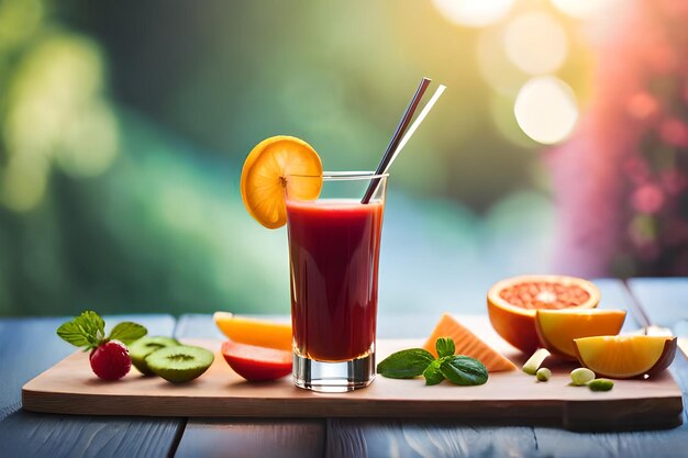 Ein Glas Saft mit Strohhalm und Orangenscheiben auf einem Holzbrett.