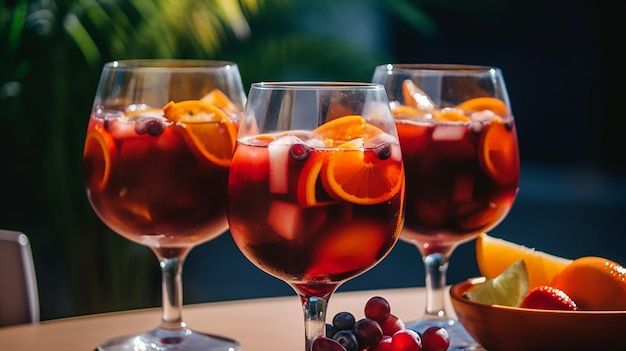 Ein Glas Sangria mit einem Bündel Obst an der Seite