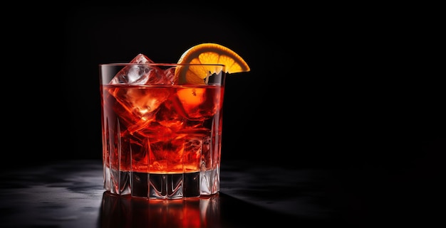 Ein Glas schmackhafter alkoholischer Negroni-Cocktail mit Orangenstücke