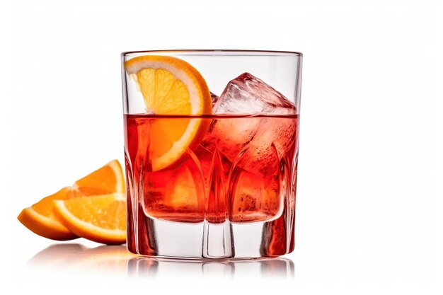 Ein Glas schmackhafter alkoholischer Negroni-Cocktail mit Orangenstücke