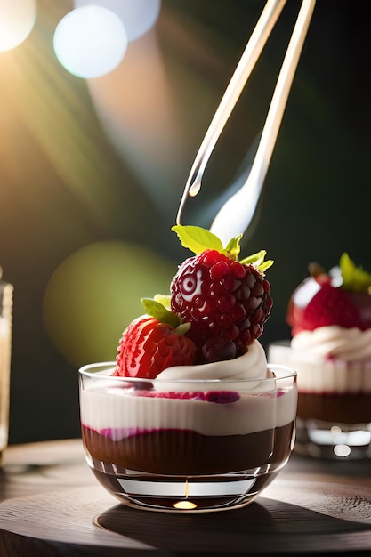 Ein Glas Schokoladendessert mit Himbeere obendrauf