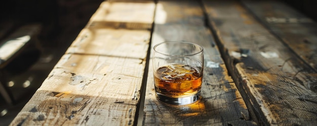 Foto ein glas schottischer whiskey auf einem alten holztisch, das ein gefühl von tradition und wärme hervorruft