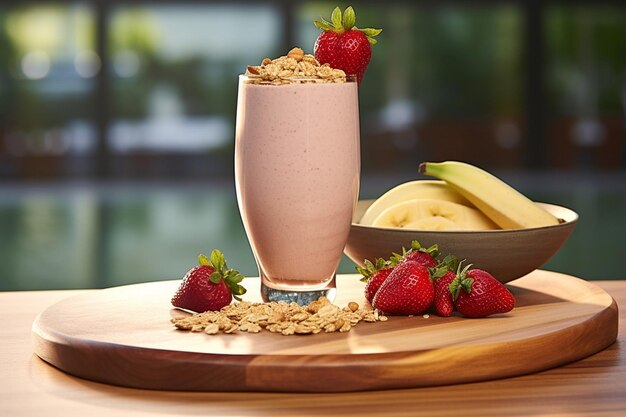 Ein Glas Smoothie auf einem Holzdeckstuhl mit einem Strandhut