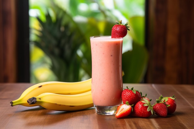 Ein Glas Smoothie auf einem Holzdeckstuhl mit einem Strandhut