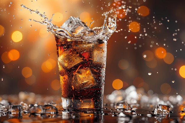 Ein Glas Soda mit Eis und Wasser spritzt darauf mit einem Bock von Lichtern im Hintergrund unwirklich