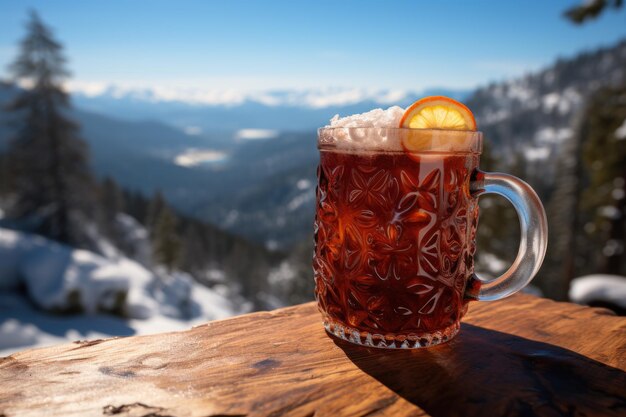 Ein Glas Tee mit einer Orangenscheibe darauf. Warmes Getränk in den Winterbergen