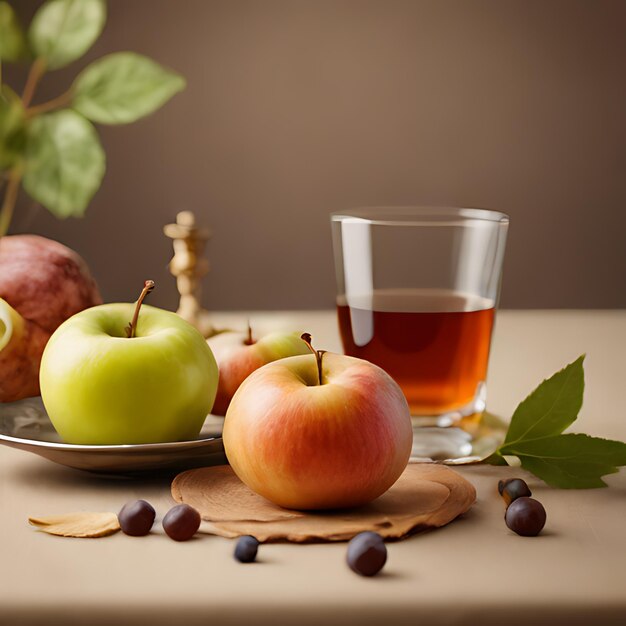 ein Glas Tee neben einem Teller mit Äpfeln und ein Glas Flüssigkeit